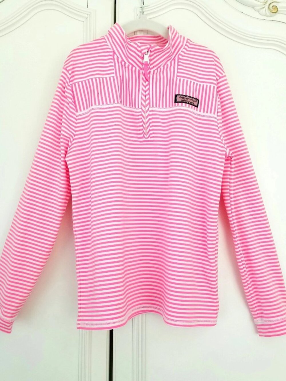 Vineyard Vines Pink White Stripe Sankaty Long Sleeve Quarter Zip Top M 10/12